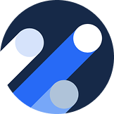 Abstract geometric logo with diagonal stripes and circles in blue, white, and grey shades inside a dark blue circular badge.