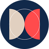 Abstract logo with two opposing semi-circles in beige and coral, intersected by a thin white ring on a dark blue circular background.