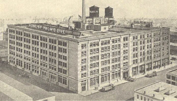 Black and white photo of a large, multi-story Palmolive Company factory in Milwaukee, Wisconsin.